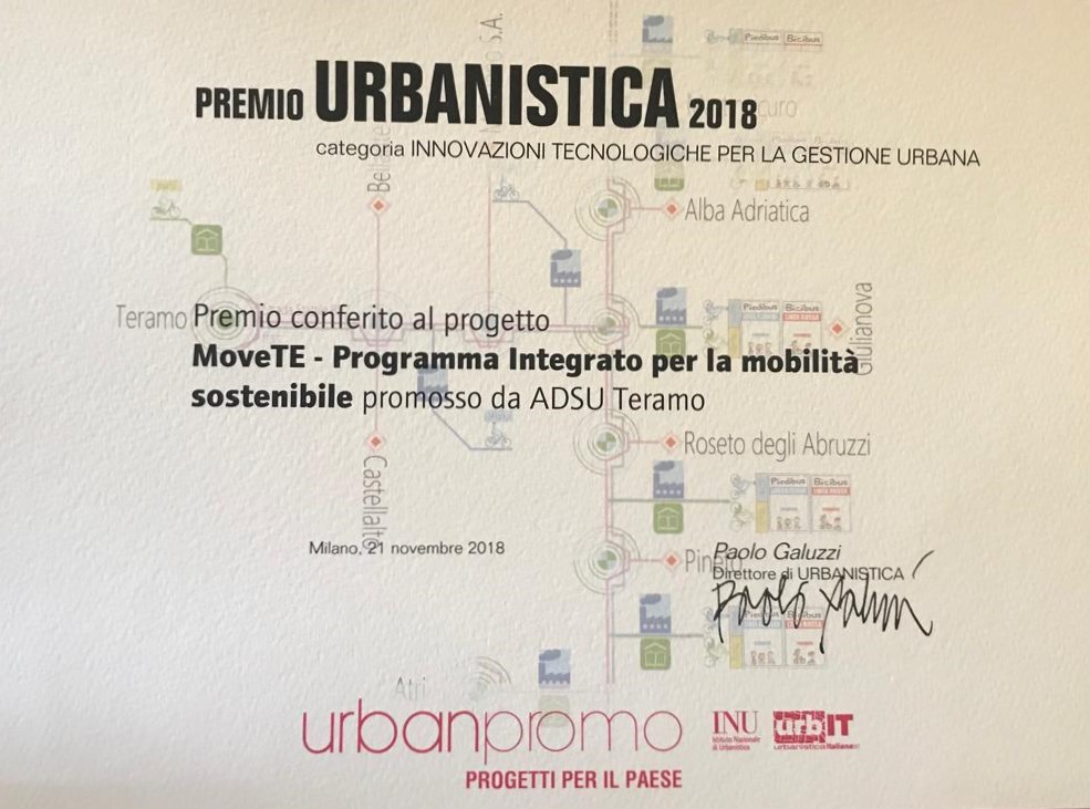 L'Attestato del conferimento del Premio all'ADSU di Teramo